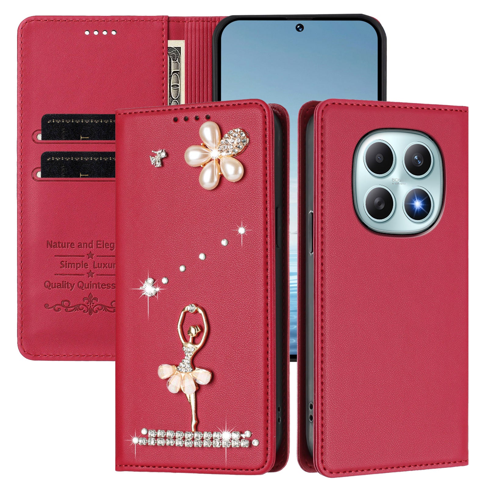 For Xiaomi Redmi Note 15 4G (Global) / Xiaomi Poco M8 5G / Xiaomi Redmi Note 15 5G (Global) Leather Case RFID Blocking Wallet Stand Rhinestones Ballet Dancer Flip Phone Cover - Wine Red