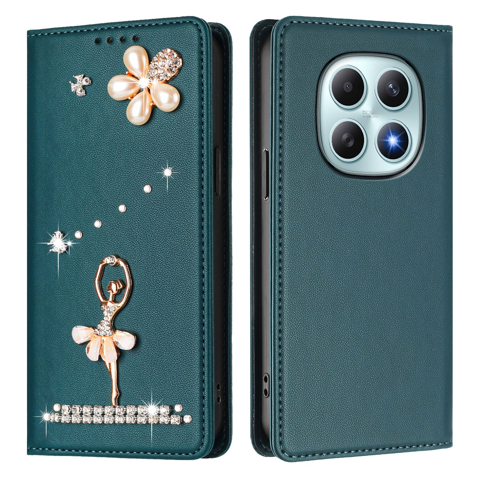 For Xiaomi Redmi Note 15 4G (Global) / Xiaomi Poco M8 5G / Xiaomi Redmi Note 15 5G (Global) Leather Case RFID Blocking Wallet Stand Rhinestones Ballet Dancer Flip Phone Cover - Green