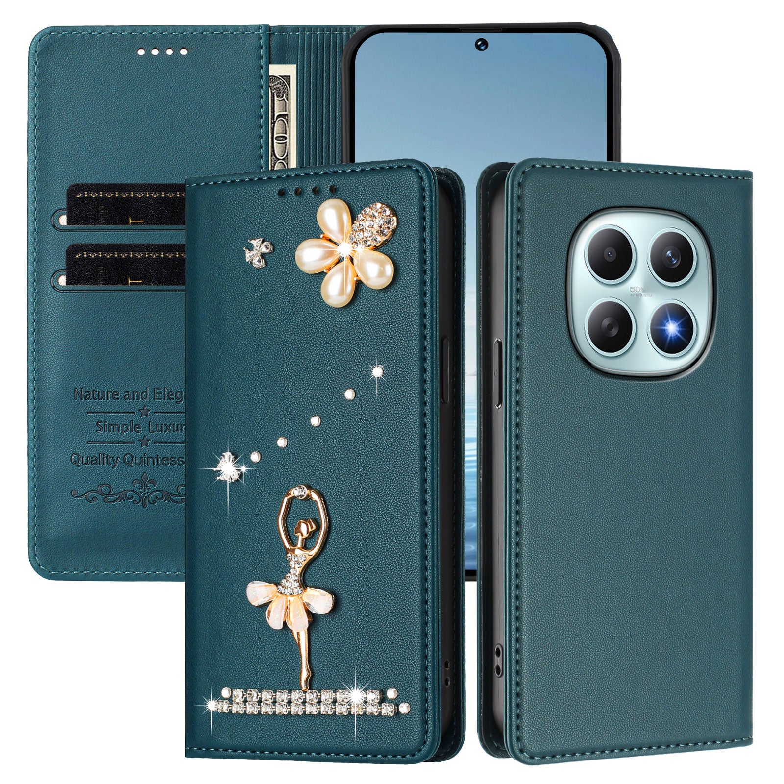 For Xiaomi Redmi Note 15 4G (Global) / Xiaomi Poco M8 5G / Xiaomi Redmi Note 15 5G (Global) Leather Case RFID Blocking Wallet Stand Rhinestones Ballet Dancer Flip Phone Cover - Green