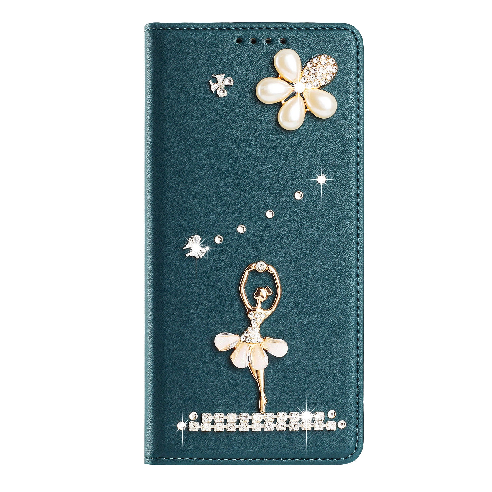 For Xiaomi Redmi Note 15 4G (Global) / Xiaomi Poco M8 5G / Xiaomi Redmi Note 15 5G (Global) Leather Case RFID Blocking Wallet Stand Rhinestones Ballet Dancer Flip Phone Cover - Green