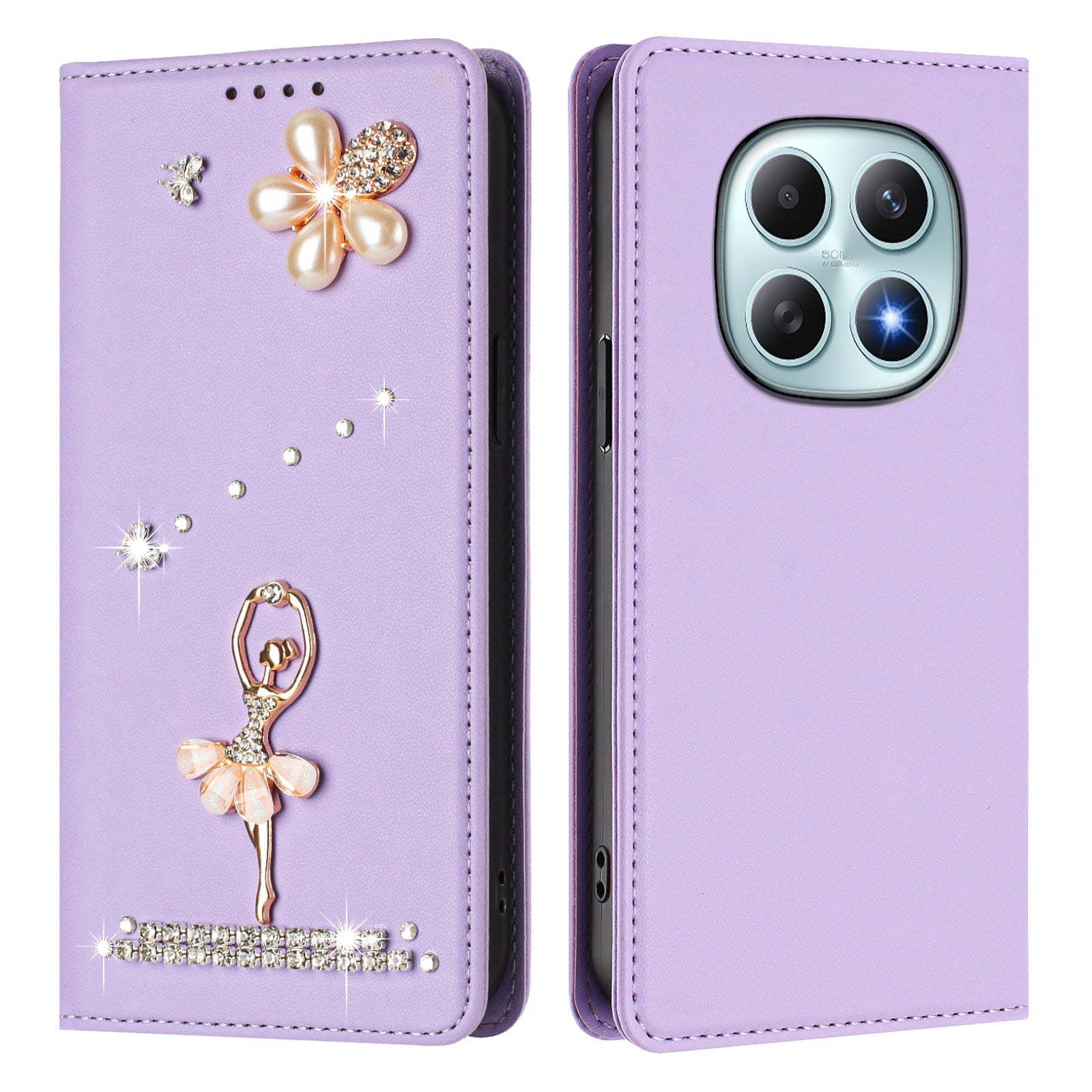 For Xiaomi Redmi Note 15 4G (Global) / Xiaomi Poco M8 5G / Xiaomi Redmi Note 15 5G (Global) Leather Case RFID Blocking Wallet Stand Rhinestones Ballet Dancer Flip Phone Cover - Light Purple