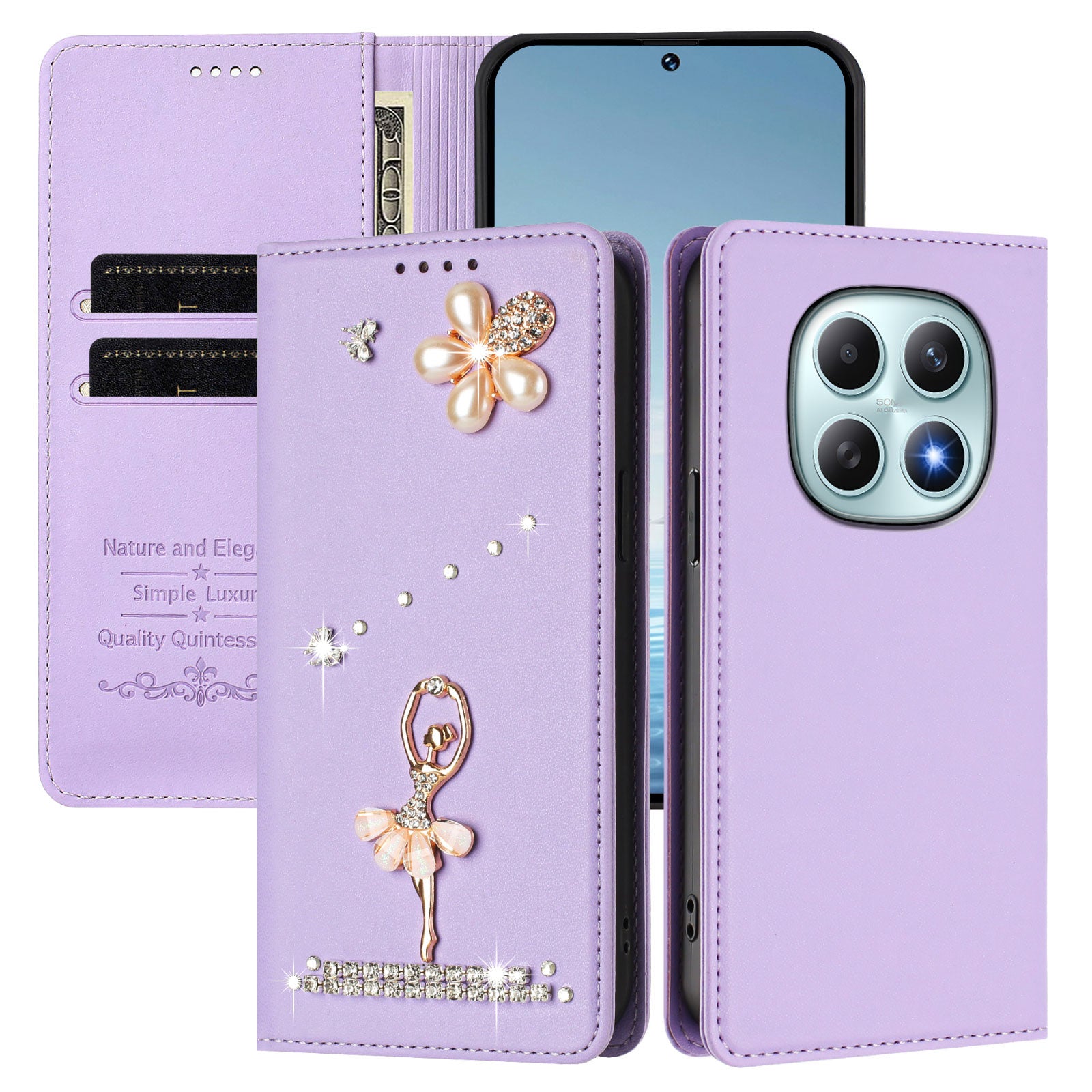 For Xiaomi Redmi Note 15 4G (Global) / Xiaomi Poco M8 5G / Xiaomi Redmi Note 15 5G (Global) Leather Case RFID Blocking Wallet Stand Rhinestones Ballet Dancer Flip Phone Cover - Light Purple