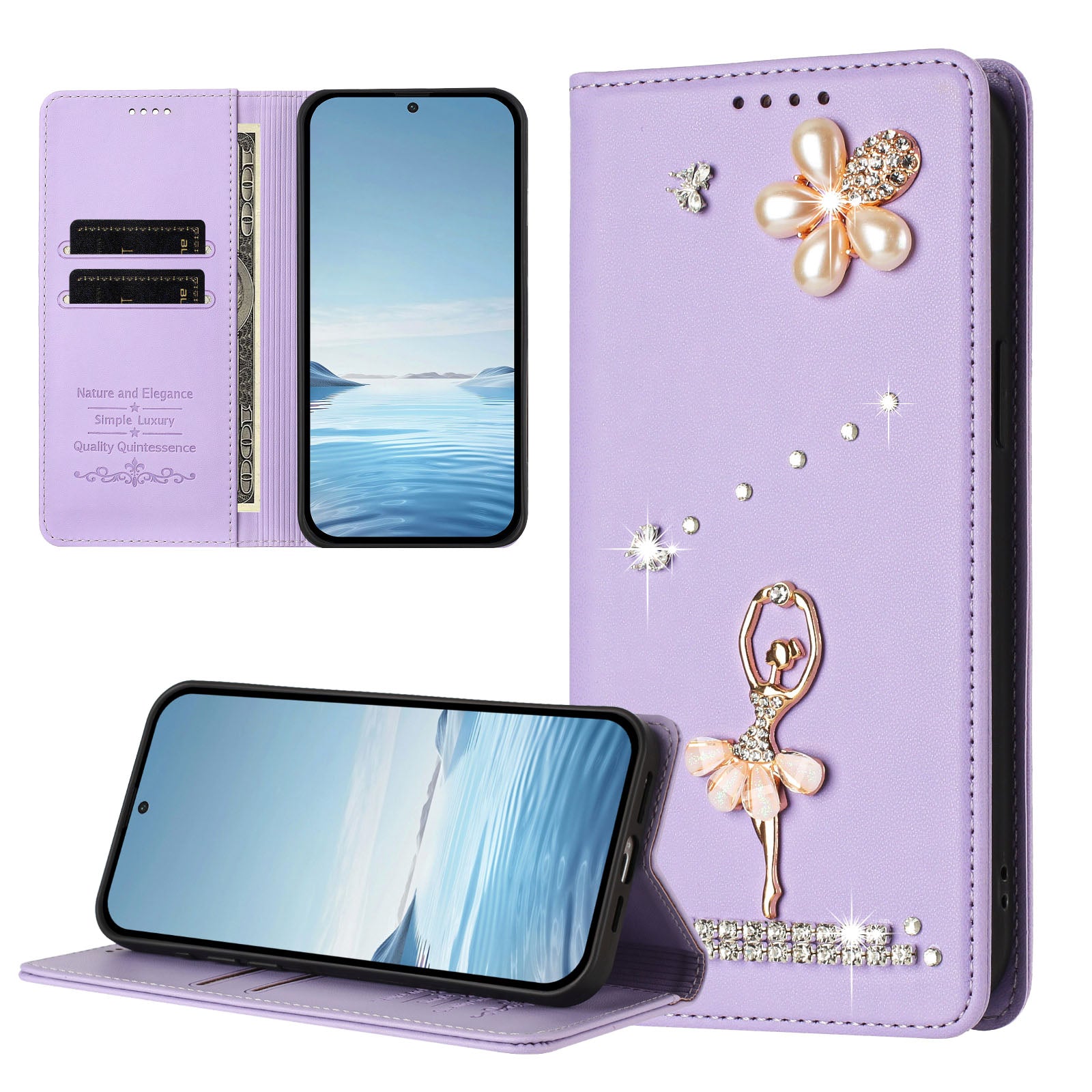 For Xiaomi Redmi Note 15 4G (Global) / Xiaomi Poco M8 5G / Xiaomi Redmi Note 15 5G (Global) Leather Case RFID Blocking Wallet Stand Rhinestones Ballet Dancer Flip Phone Cover - Light Purple