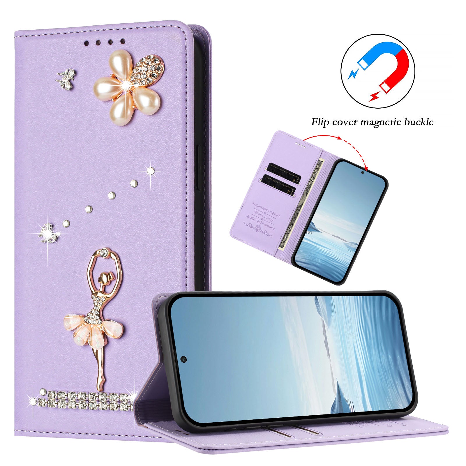 For Xiaomi Redmi Note 15 4G (Global) / Xiaomi Poco M8 5G / Xiaomi Redmi Note 15 5G (Global) Leather Case RFID Blocking Wallet Stand Rhinestones Ballet Dancer Flip Phone Cover - Light Purple
