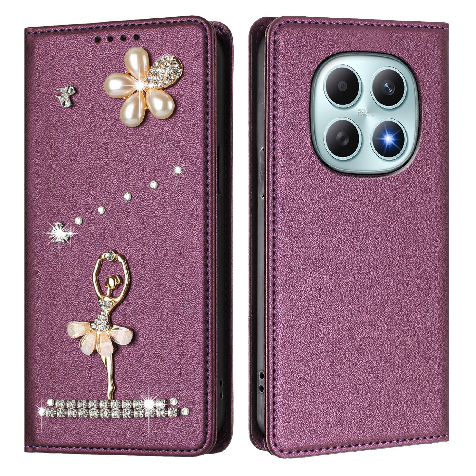 For Xiaomi Redmi Note 15 4G (Global) / Xiaomi Poco M8 5G / Xiaomi Redmi Note 15 5G (Global) Leather Case RFID Blocking Wallet Stand Rhinestones Ballet Dancer Flip Phone Cover - Violet