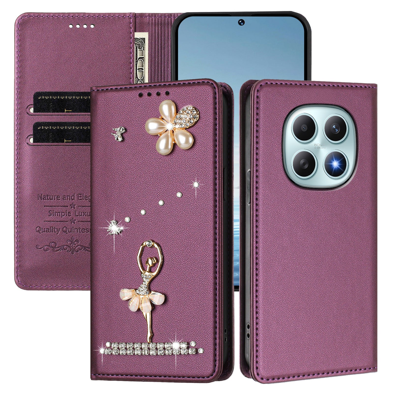For Xiaomi Redmi Note 15 4G (Global) / Xiaomi Poco M8 5G / Xiaomi Redmi Note 15 5G (Global) Leather Case RFID Blocking Wallet Stand Rhinestones Ballet Dancer Flip Phone Cover - Violet