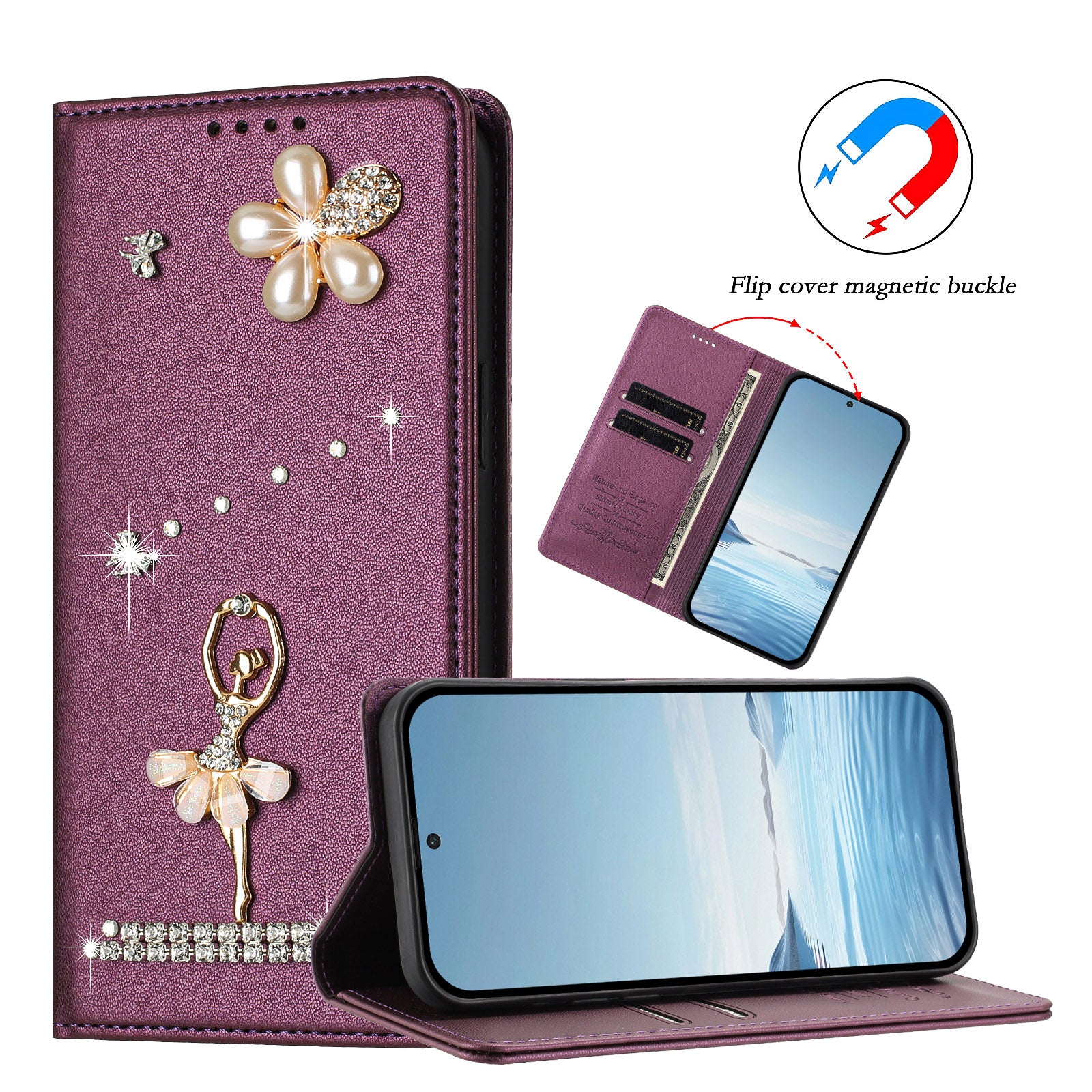 For Xiaomi Redmi Note 15 4G (Global) / Xiaomi Poco M8 5G / Xiaomi Redmi Note 15 5G (Global) Leather Case RFID Blocking Wallet Stand Rhinestones Ballet Dancer Flip Phone Cover - Violet