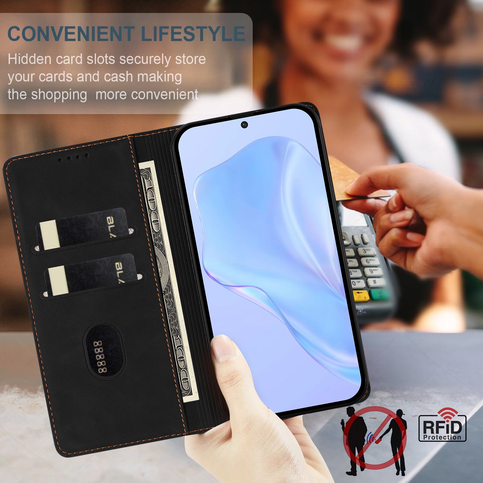 For Xiaomi Poco M8 Pro 5G / Xiaomi Redmi Note 15 Pro+ 5G (Global) Case HX RFID Blocking Wallet Stand Leather Flip Phone Cover - Black