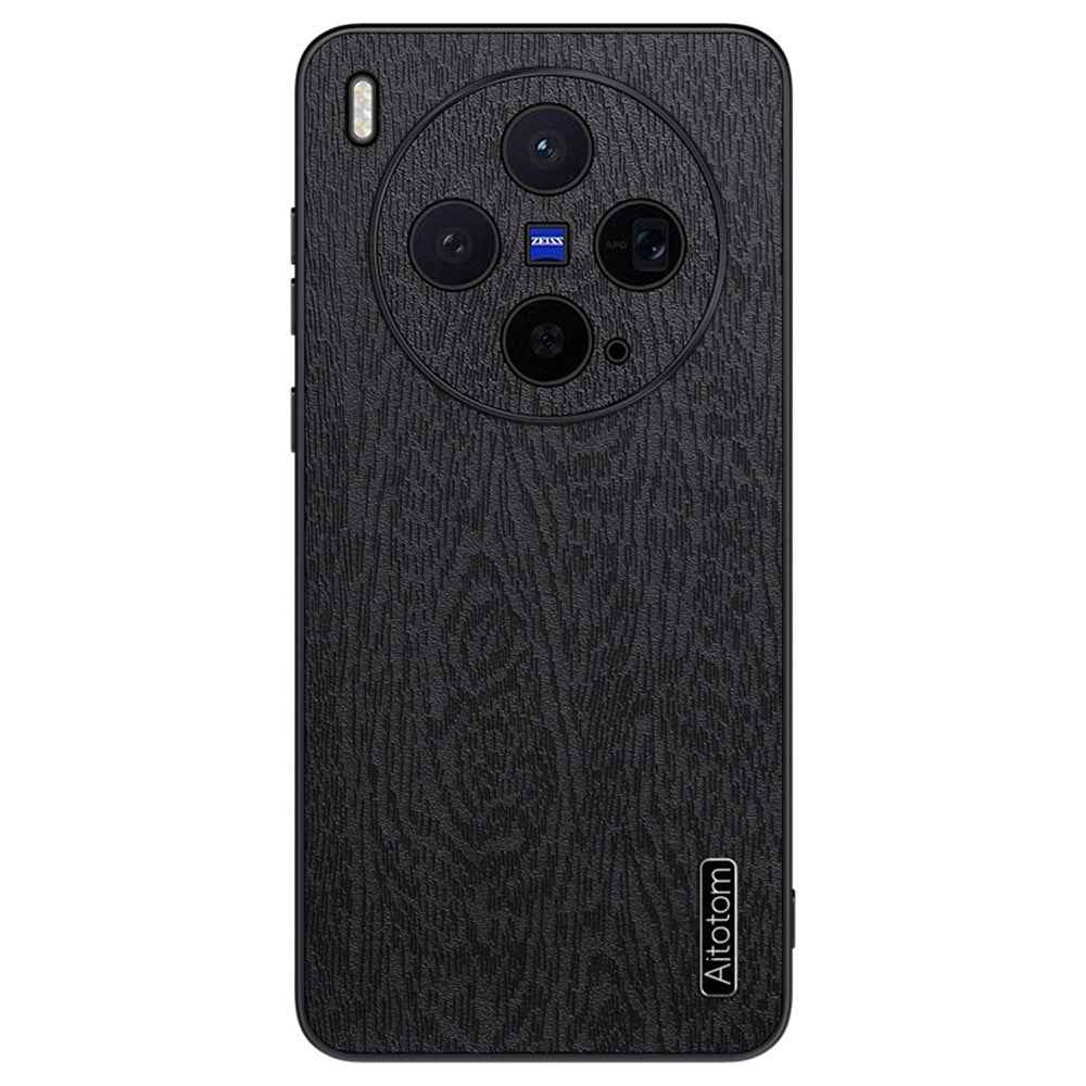 For vivo X300s 5G Case Wood Texture PU Leather Coated PC TPU Phone Cover - Black
