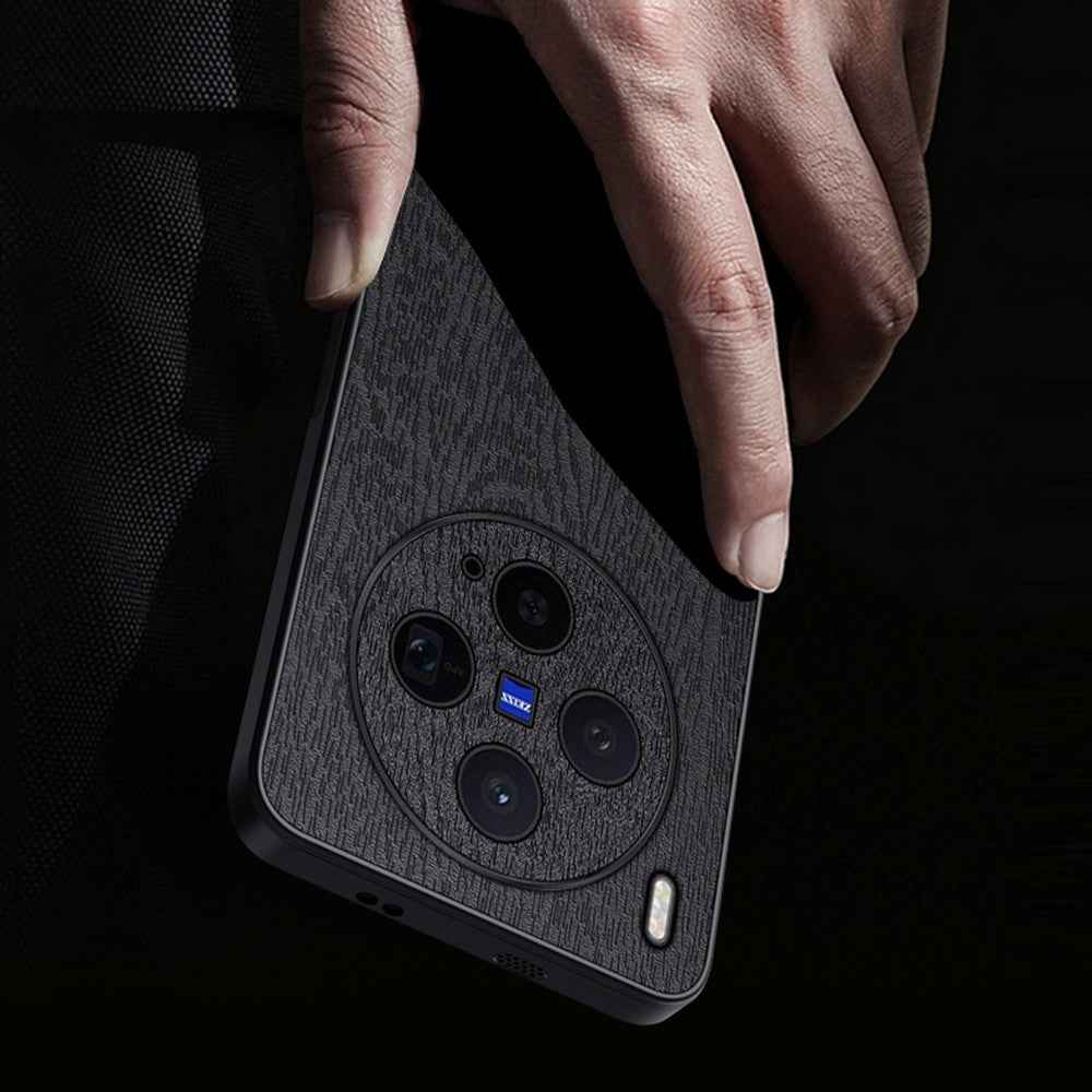 For vivo X300s 5G Case Wood Texture PU Leather Coated PC TPU Phone Cover - Black