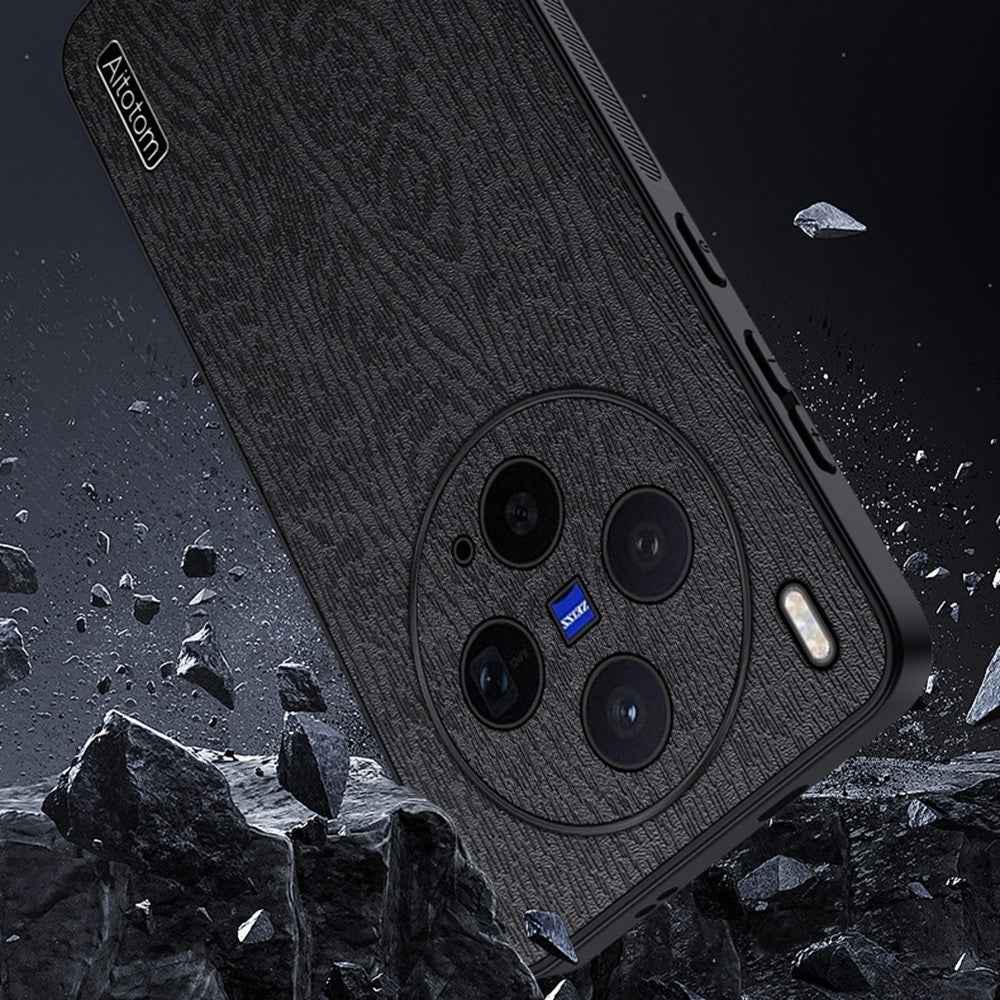 For vivo X300s 5G Case Wood Texture PU Leather Coated PC TPU Phone Cover - Black