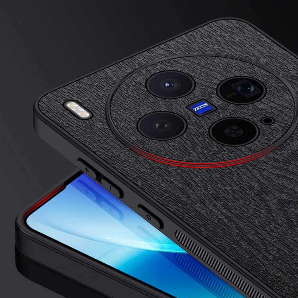 For vivo X300s 5G Case Wood Texture PU Leather Coated PC TPU Phone Cover - Black