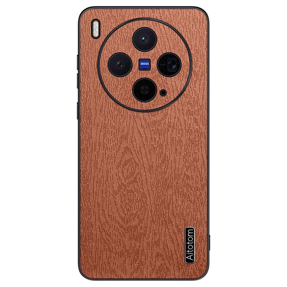 For vivo X300s 5G Case Wood Texture PU Leather Coated PC TPU Phone Cover - Brown