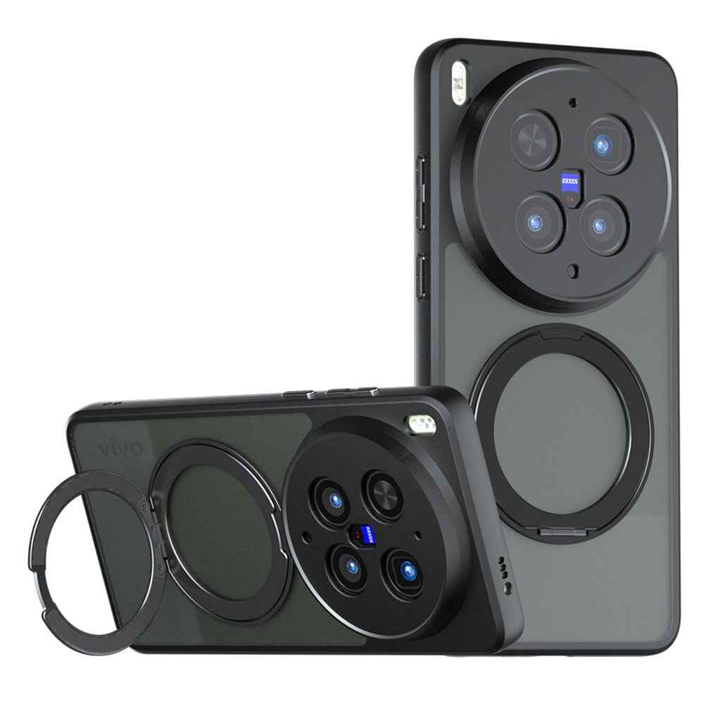 For vivo X300 Ultra 5G Matte Skin-touch Magnetic Case 360° Rotating Kickstand Shockproof TPU + PC Phone Cover - Transparent Black