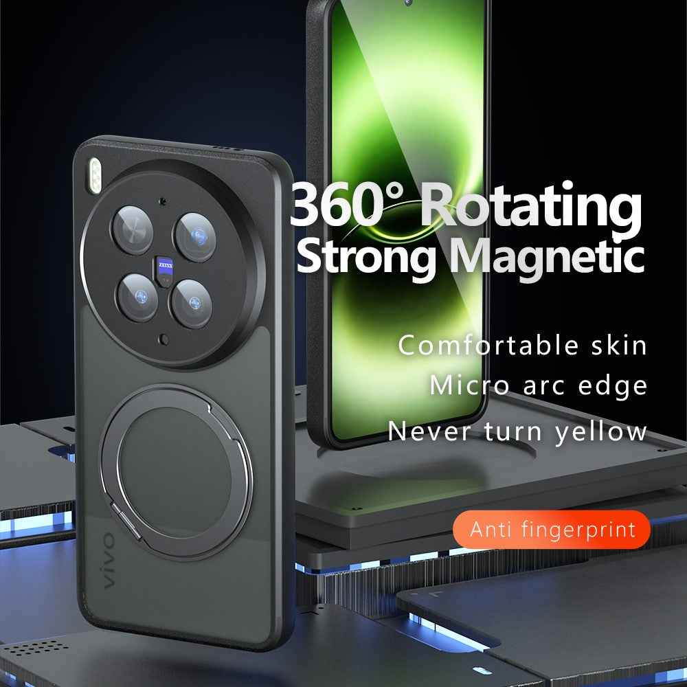 For vivo X300 Ultra 5G Matte Skin-touch Magnetic Case 360° Rotating Kickstand Shockproof TPU + PC Phone Cover - Transparent Black