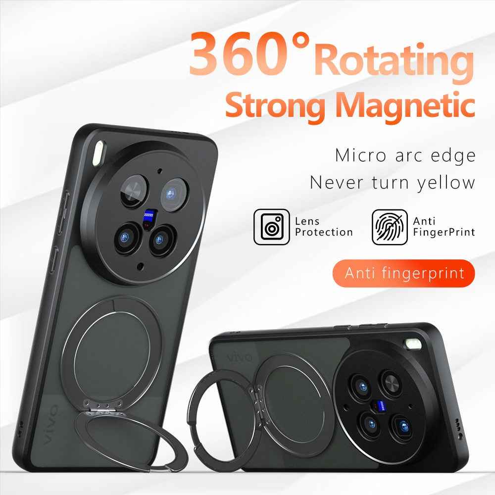 For vivo X300 Ultra 5G Matte Skin-touch Magnetic Case 360° Rotating Kickstand Shockproof TPU + PC Phone Cover - Transparent Black