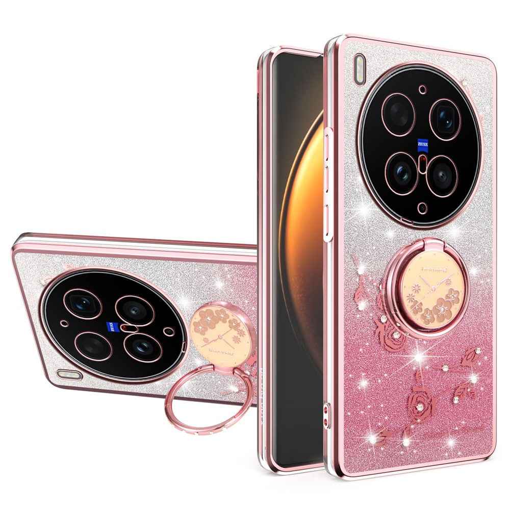 KADEM For vivo X300 Ultra 5G Phone Case Ring Kickstand TPU Flowers Phone Cover Gradient Glitter - Pink