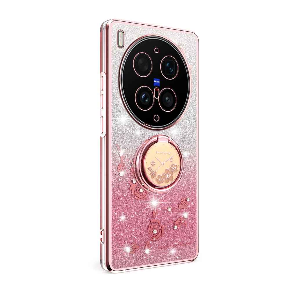 KADEM For vivo X300 Ultra 5G Phone Case Ring Kickstand TPU Flowers Phone Cover Gradient Glitter - Pink