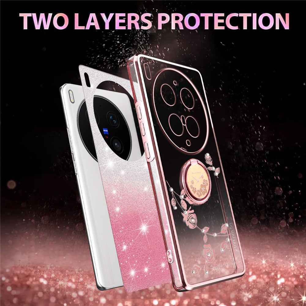 KADEM For vivo X300 Ultra 5G Phone Case Ring Kickstand TPU Flowers Phone Cover Gradient Glitter - Pink