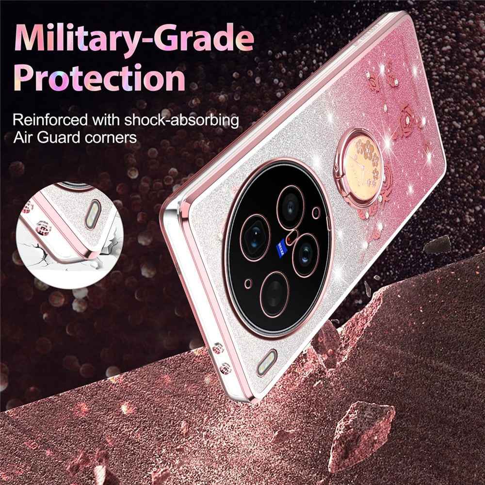 KADEM For vivo X300 Ultra 5G Phone Case Ring Kickstand TPU Flowers Phone Cover Gradient Glitter - Pink