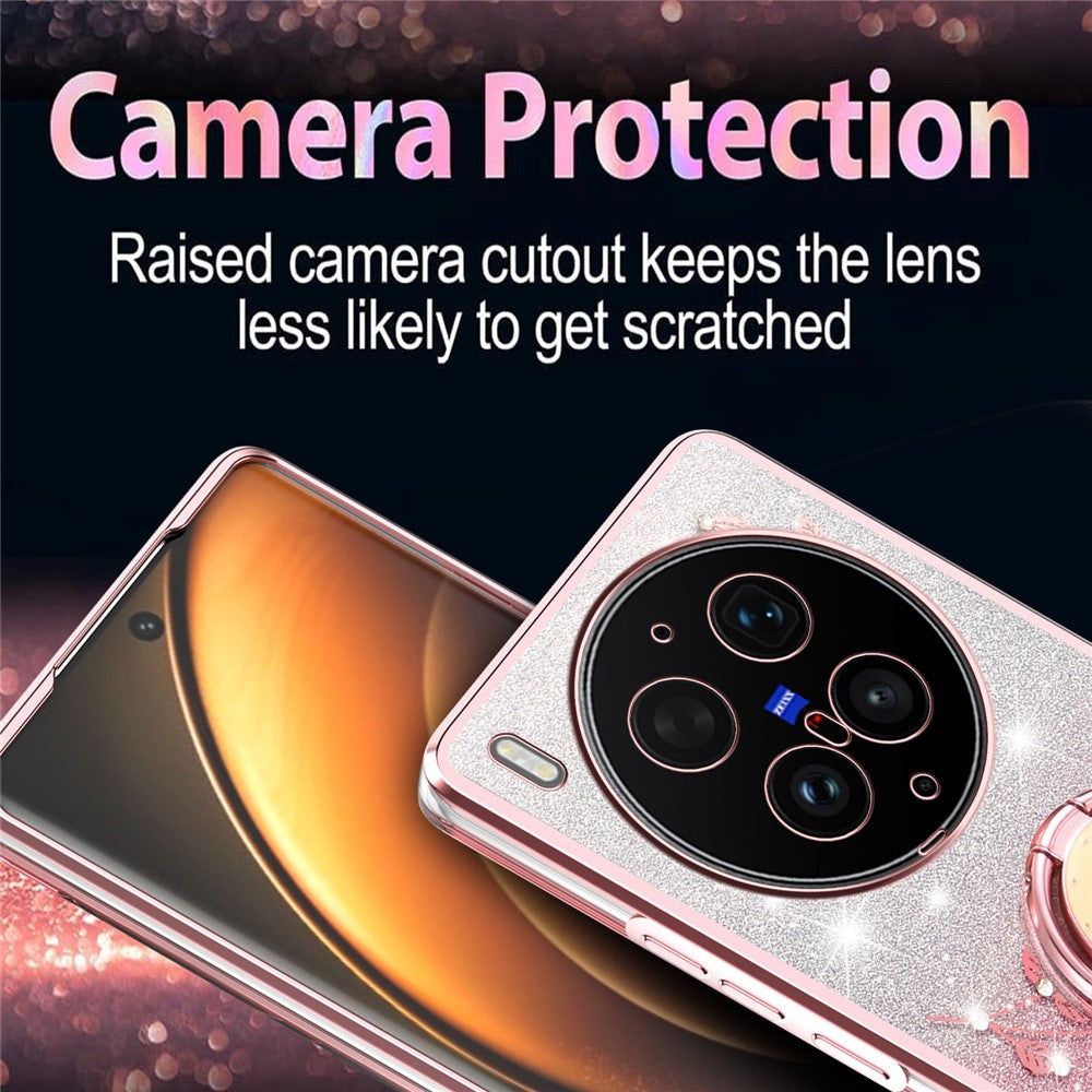 KADEM For vivo X300 Ultra 5G Phone Case Ring Kickstand TPU Flowers Phone Cover Gradient Glitter - Pink