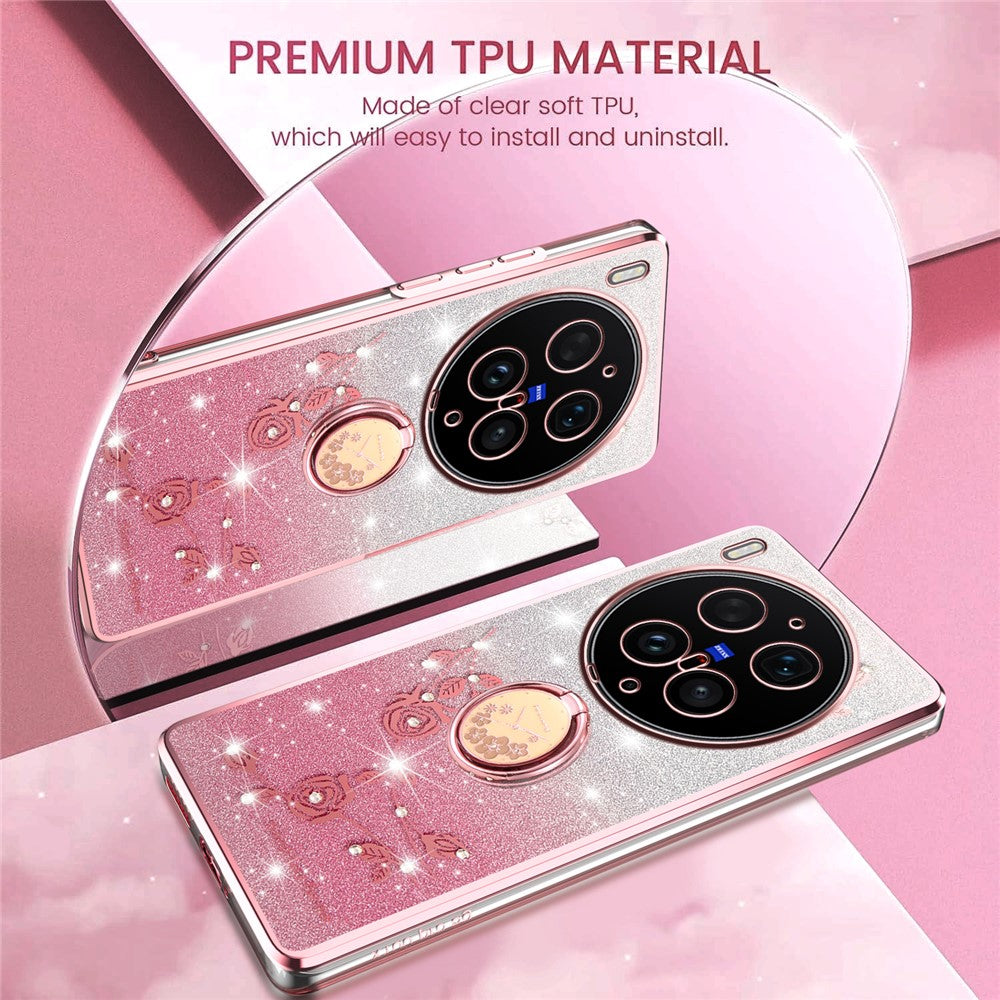 KADEM For vivo X300 Ultra 5G Phone Case Ring Kickstand TPU Flowers Phone Cover Gradient Glitter - Pink