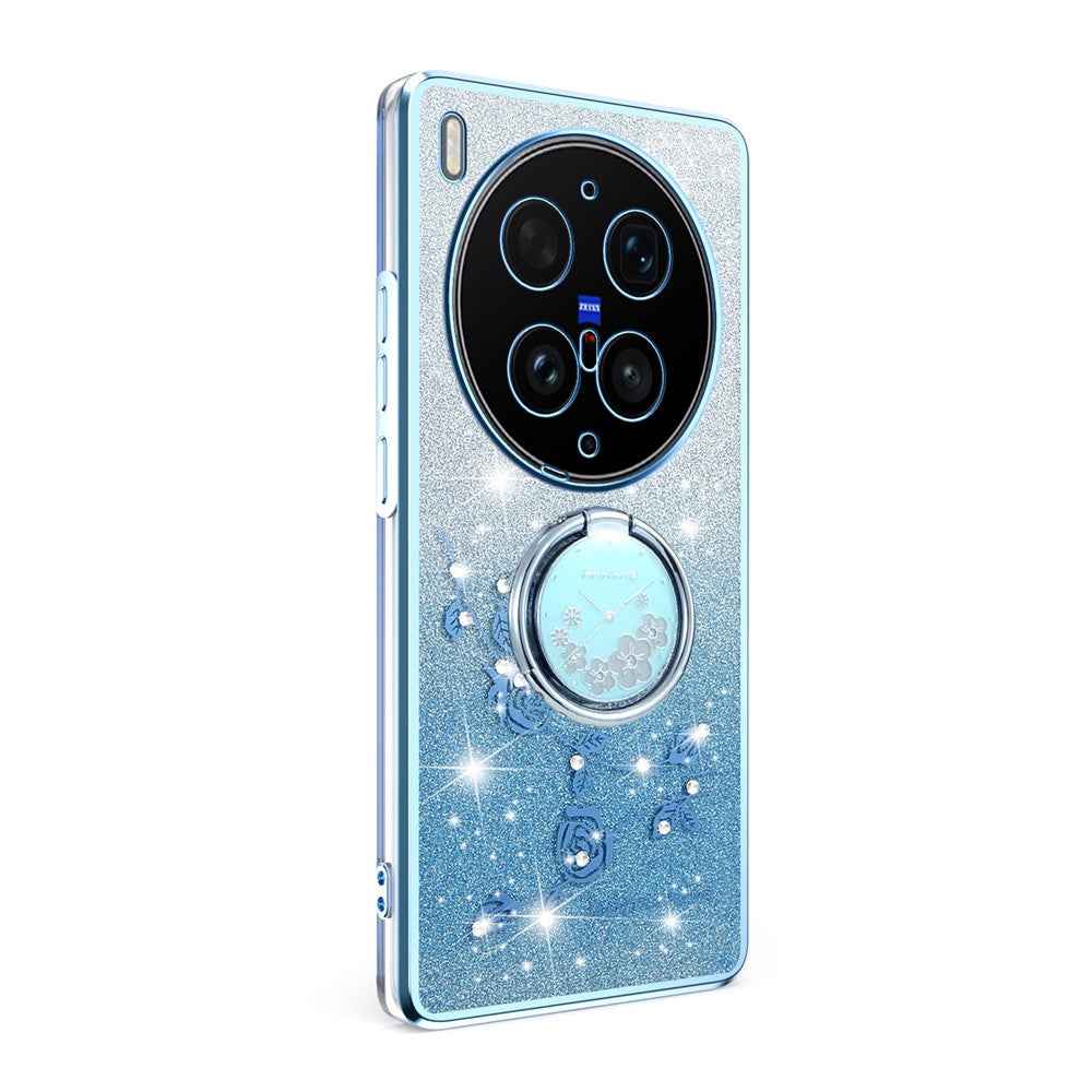 KADEM For vivo X300 Ultra 5G Phone Case Ring Kickstand TPU Flowers Phone Cover Gradient Glitter - Blue