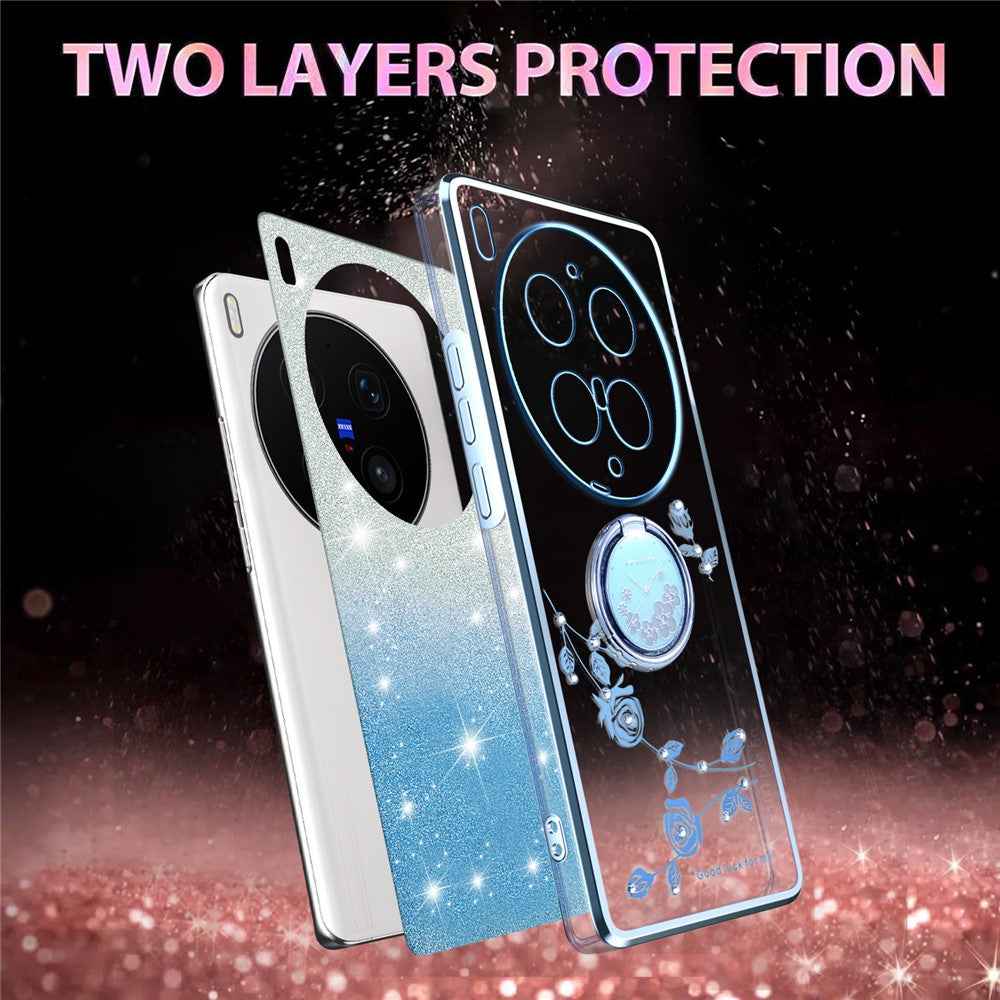 KADEM For vivo X300 Ultra 5G Phone Case Ring Kickstand TPU Flowers Phone Cover Gradient Glitter - Blue