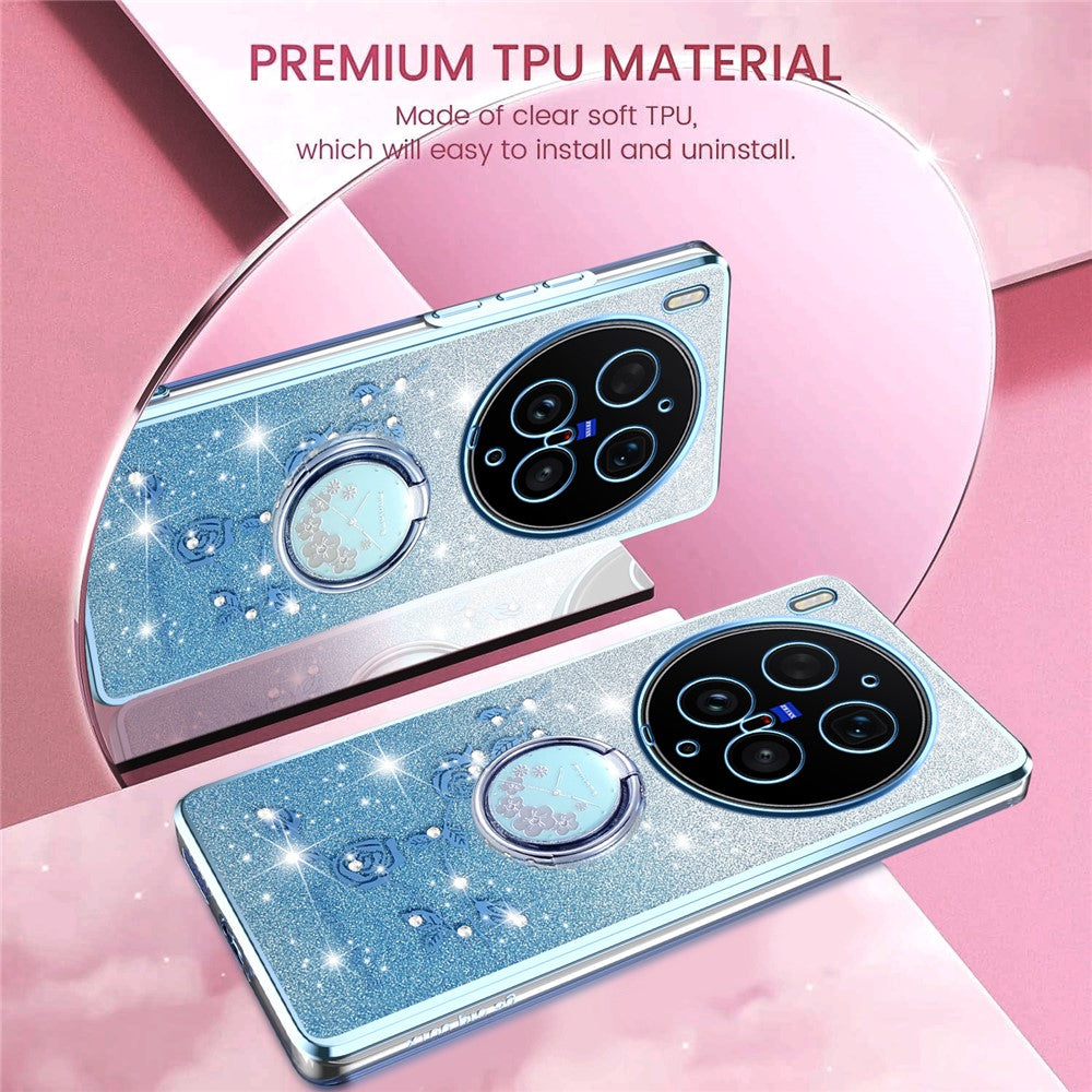 KADEM For vivo X300 Ultra 5G Phone Case Ring Kickstand TPU Flowers Phone Cover Gradient Glitter - Blue