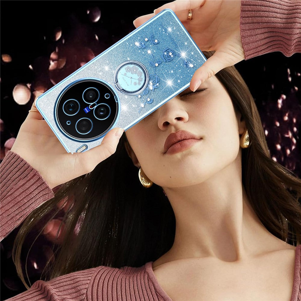 KADEM For vivo X300 Ultra 5G Phone Case Ring Kickstand TPU Flowers Phone Cover Gradient Glitter - Blue