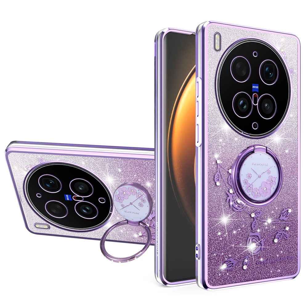 KADEM For vivo X300 Ultra 5G Phone Case Ring Kickstand TPU Flowers Phone Cover Gradient Glitter - Purple