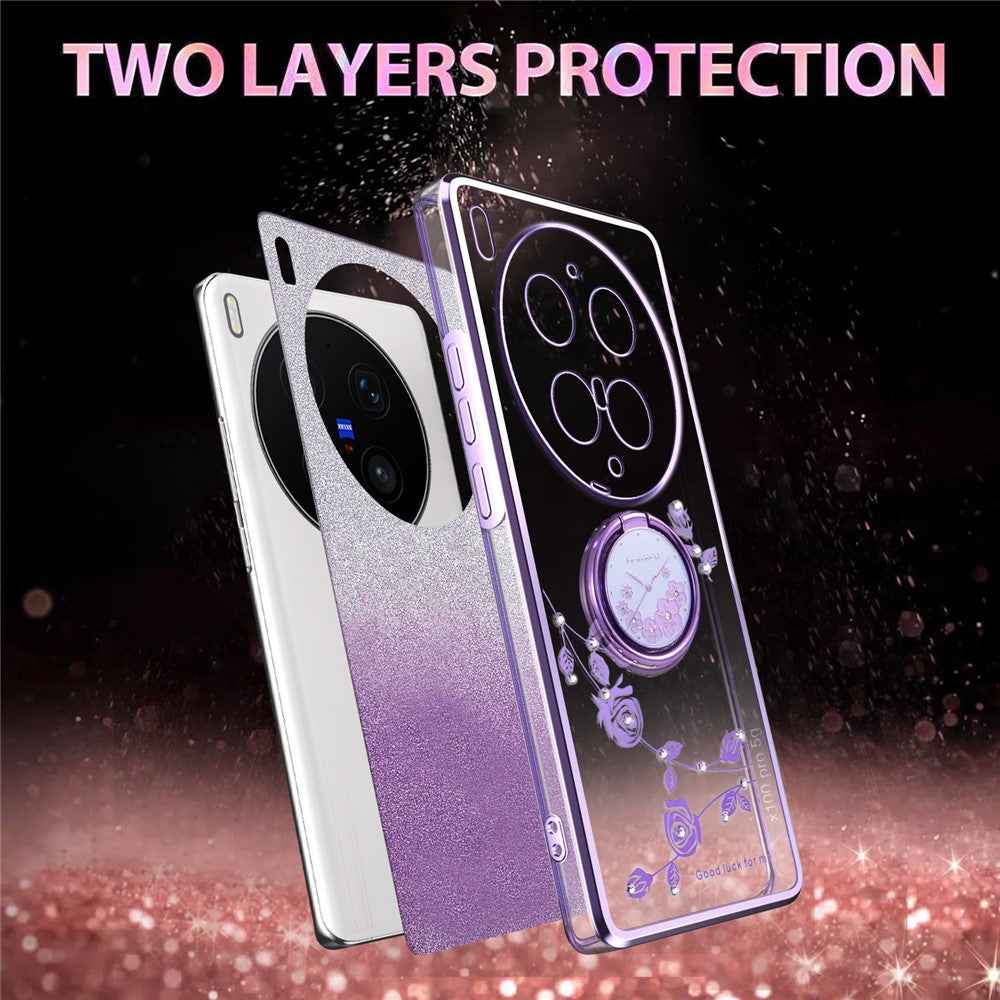 KADEM For vivo X300 Ultra 5G Phone Case Ring Kickstand TPU Flowers Phone Cover Gradient Glitter - Purple