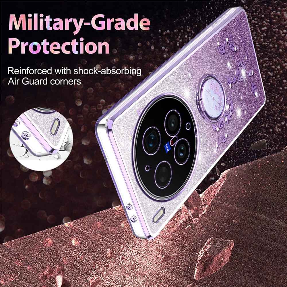 KADEM For vivo X300 Ultra 5G Phone Case Ring Kickstand TPU Flowers Phone Cover Gradient Glitter - Purple