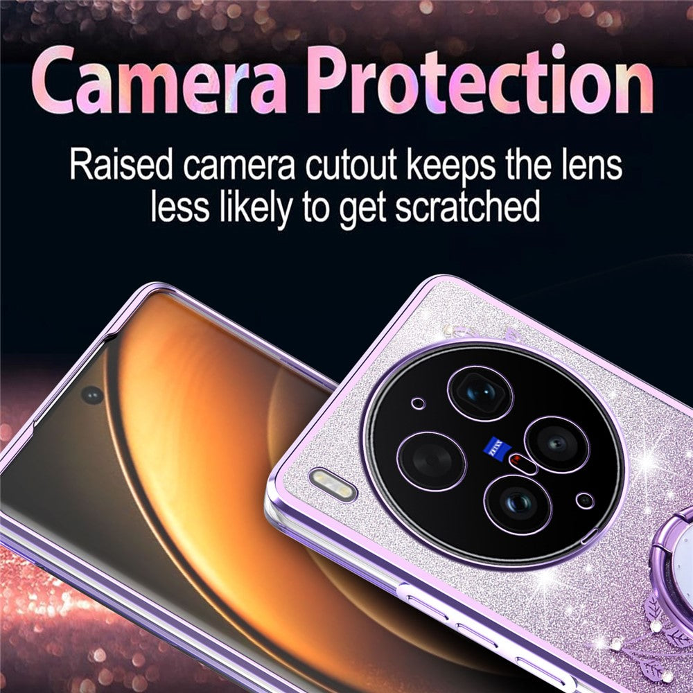 KADEM For vivo X300 Ultra 5G Phone Case Ring Kickstand TPU Flowers Phone Cover Gradient Glitter - Purple
