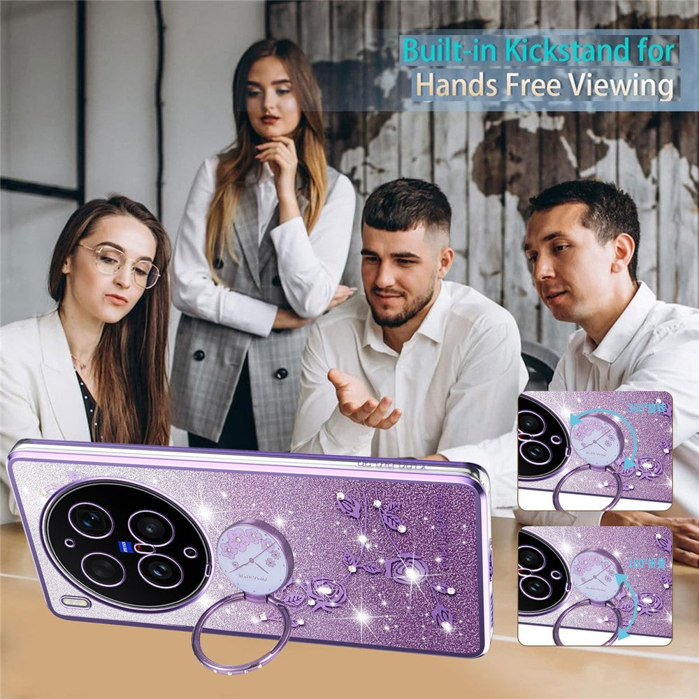 KADEM For vivo X300 Ultra 5G Phone Case Ring Kickstand TPU Flowers Phone Cover Gradient Glitter - Purple