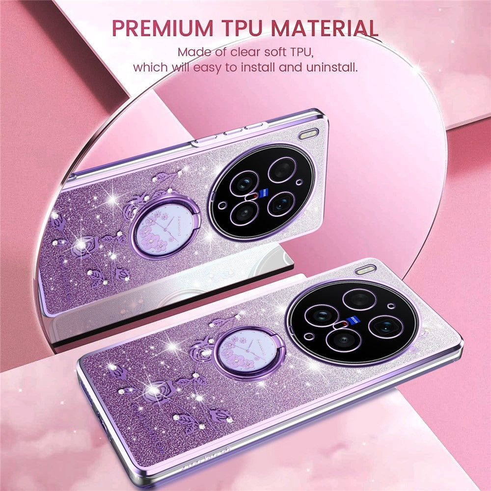 KADEM For vivo X300 Ultra 5G Phone Case Ring Kickstand TPU Flowers Phone Cover Gradient Glitter - Purple