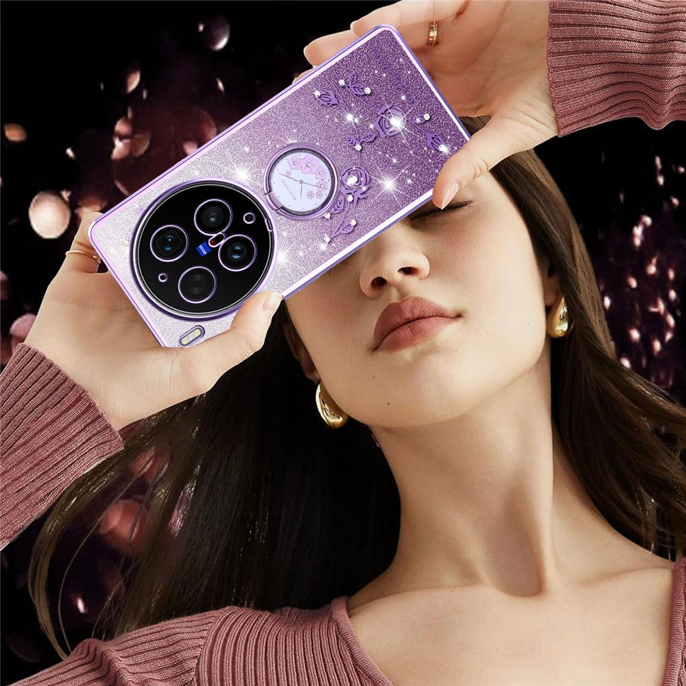 KADEM For vivo X300 Ultra 5G Phone Case Ring Kickstand TPU Flowers Phone Cover Gradient Glitter - Purple