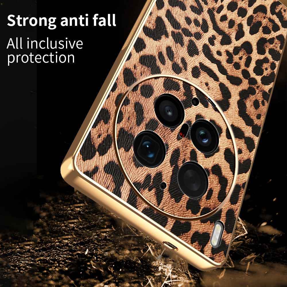 For vivo X300 Ultra 5G Phone Case PU Leather Coated PC + TPU Electroplating Phone Cover - Leopard Print