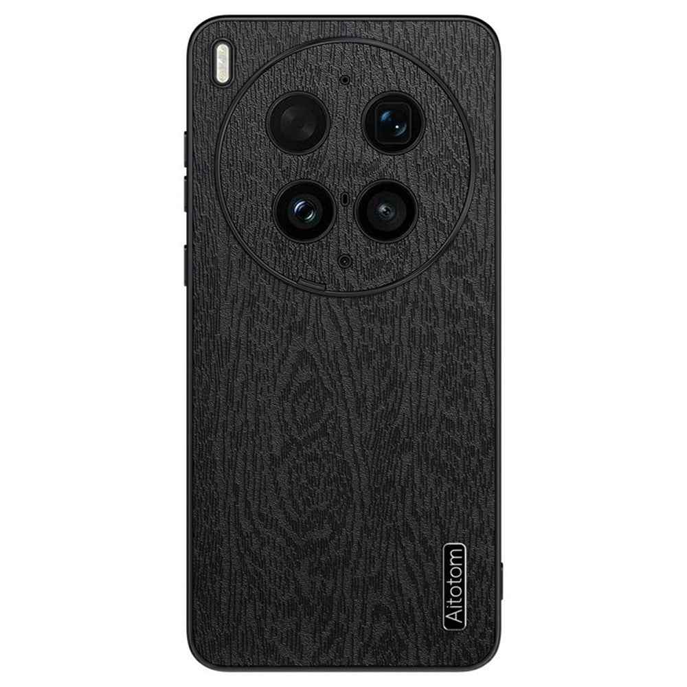 For vivo X300 Ultra 5G Case Wood Texture PU Leather Coated PC TPU Phone Cover - Black