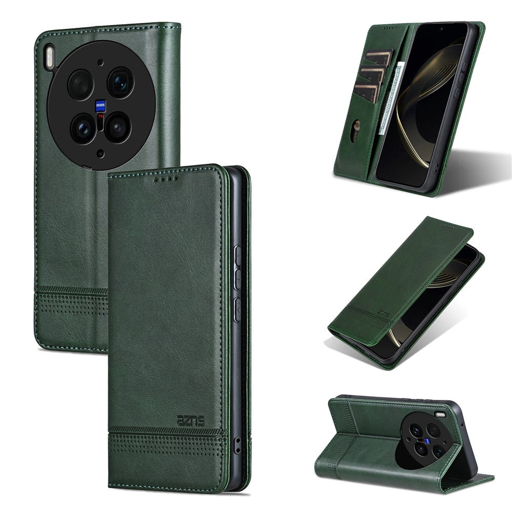 AZNS For vivo X300 Ultra 5G Phone Case Cowhide Texture PU Leather Wallet Phone Cover - Green