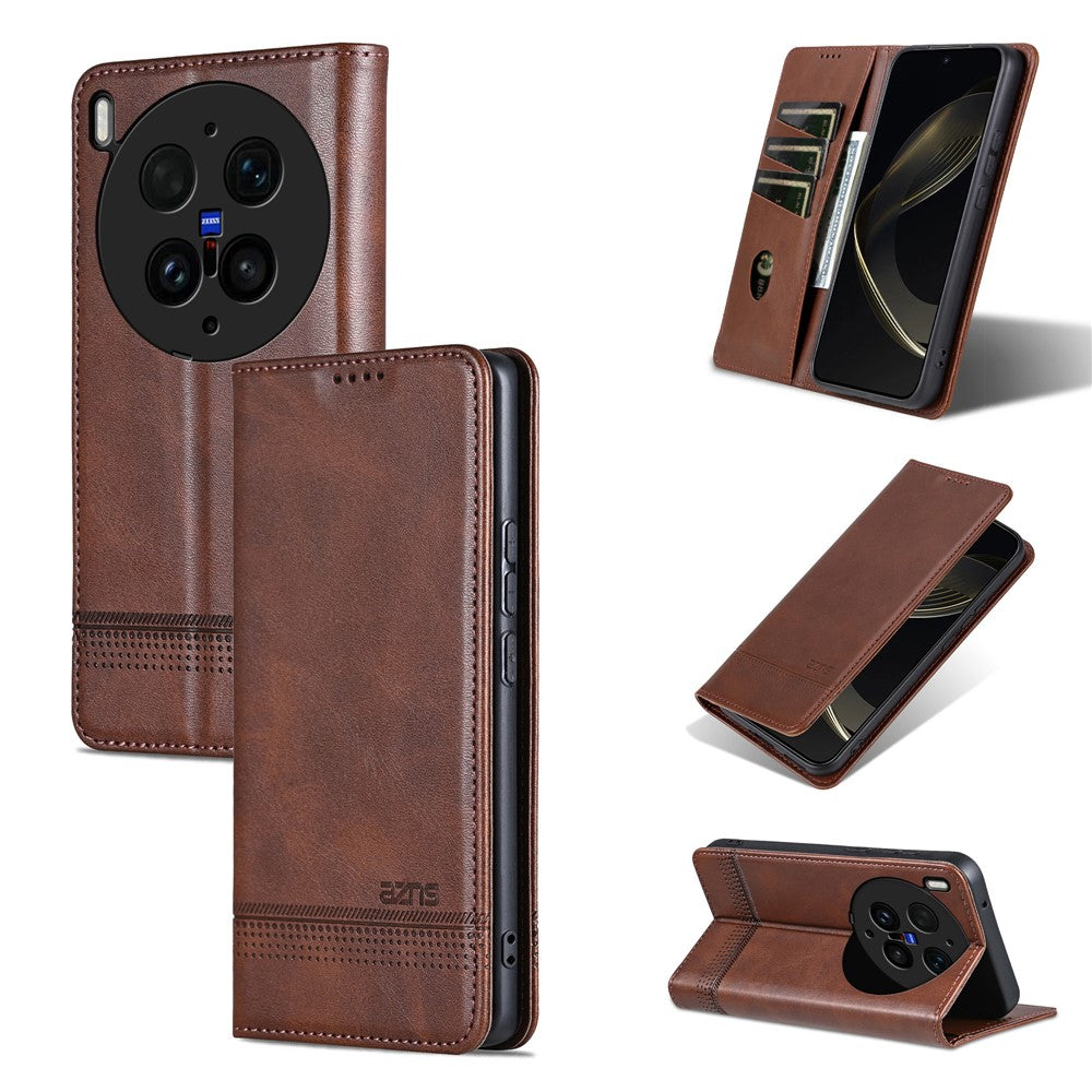 AZNS For vivo X300 Ultra 5G Phone Case Cowhide Texture PU Leather Wallet Phone Cover - Brown