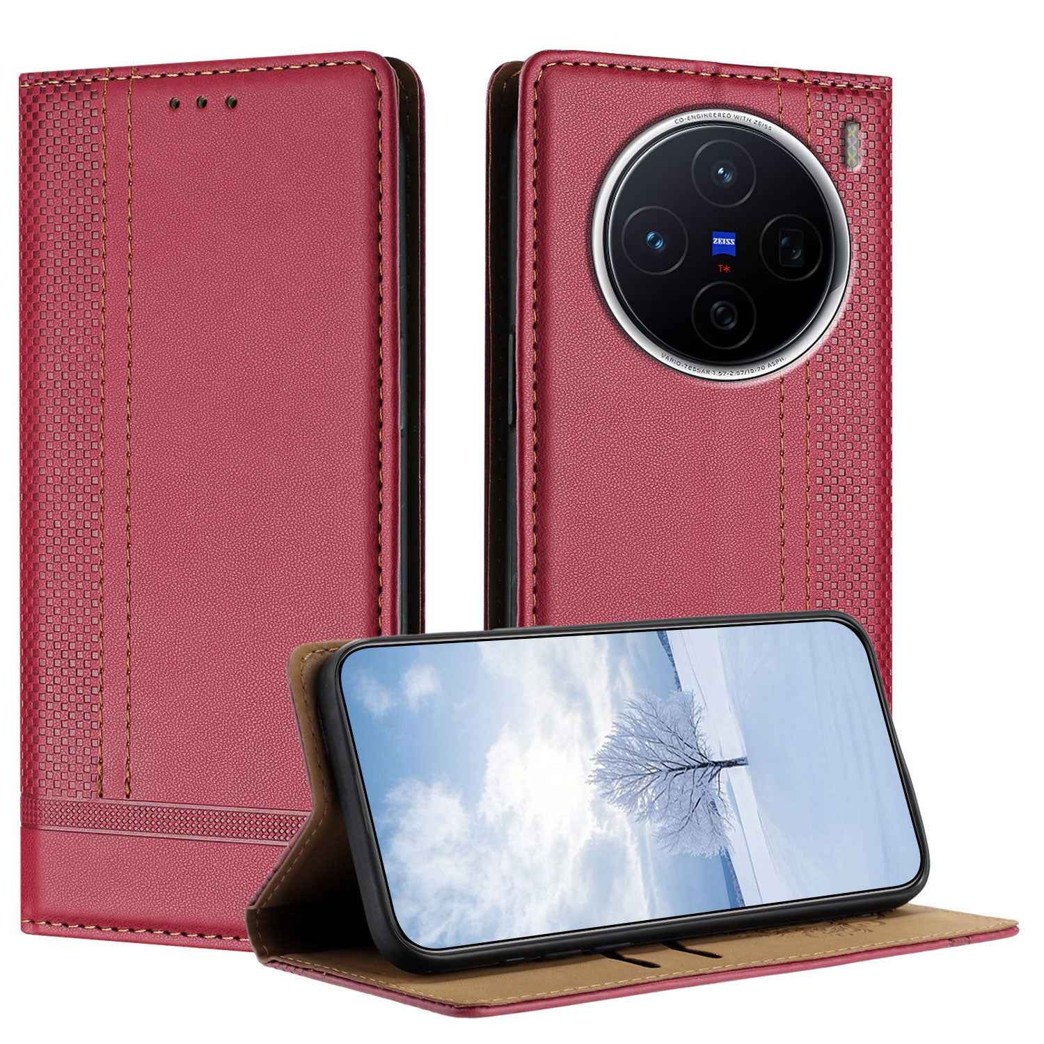 For vivo X300s 5G Case L-Shaped Grid Pattern Leather Stand Phone Cover with Card Slots - Red