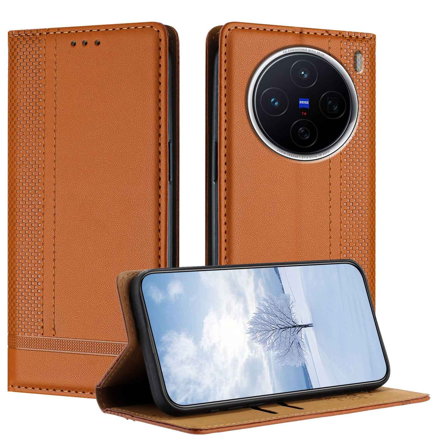 For vivo X300s 5G Case L-Shaped Grid Pattern Leather Stand Phone Cover with Card Slots - Brown