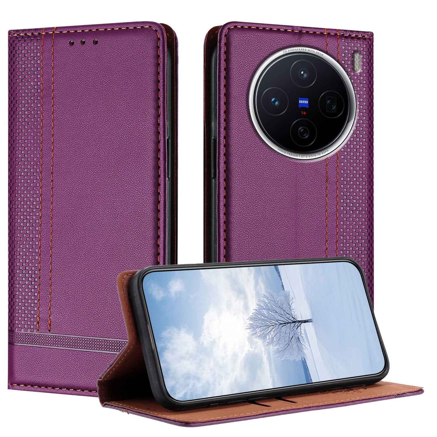 For vivo X300s 5G Case L-Shaped Grid Pattern Leather Stand Phone Cover with Card Slots - Purple