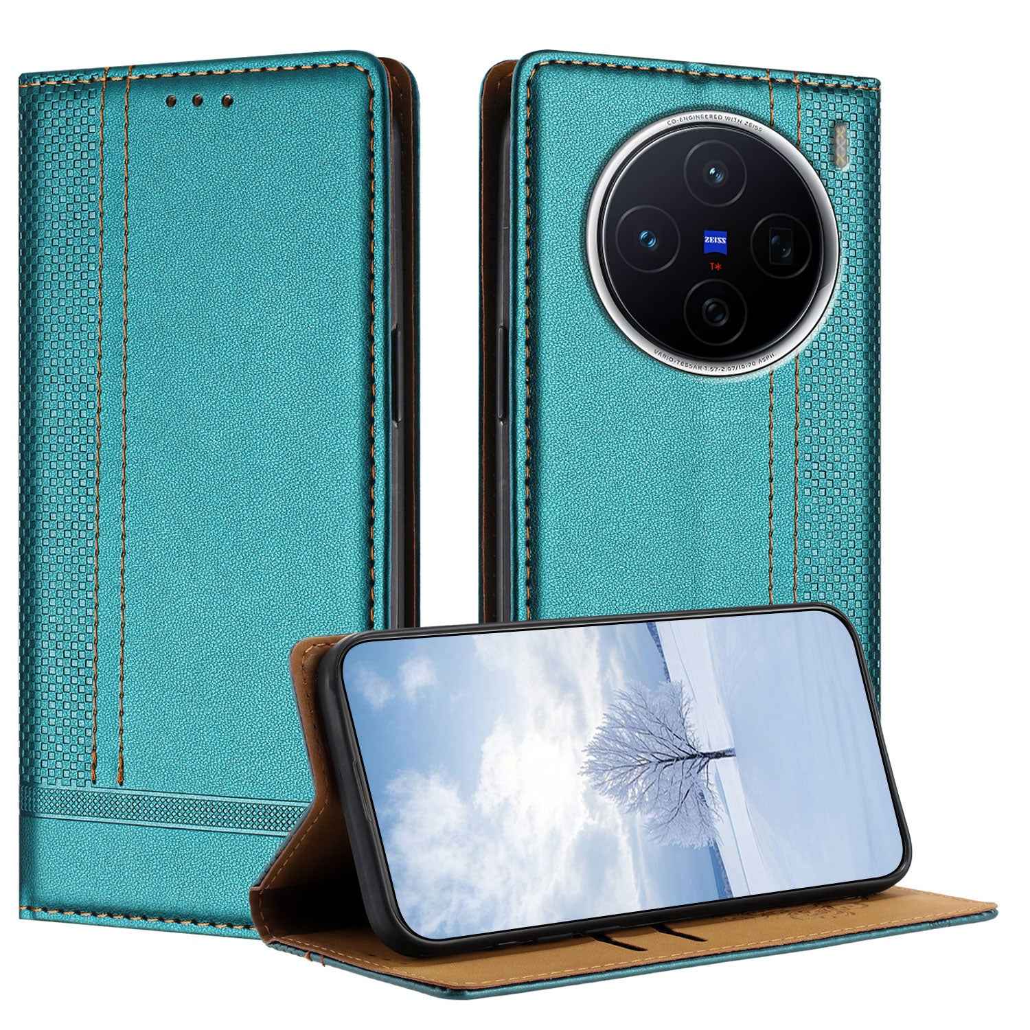 For vivo X300s 5G Case L-Shaped Grid Pattern Leather Stand Phone Cover with Card Slots - Green