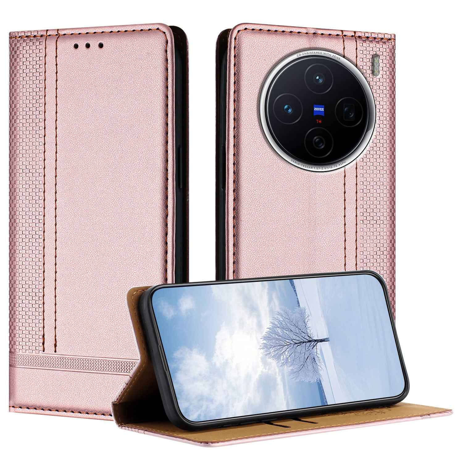 For vivo X300s 5G Case L-Shaped Grid Pattern Leather Stand Phone Cover with Card Slots - Rose Gold