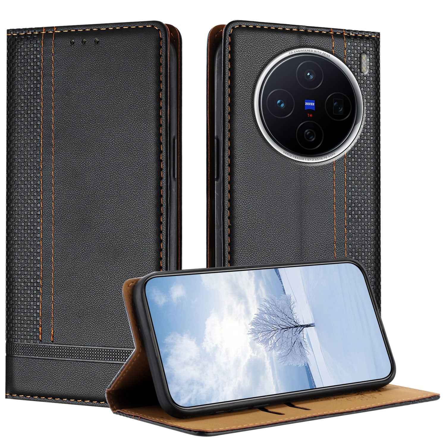 For vivo X300s 5G Case L-Shaped Grid Pattern Leather Stand Phone Cover with Card Slots - Black