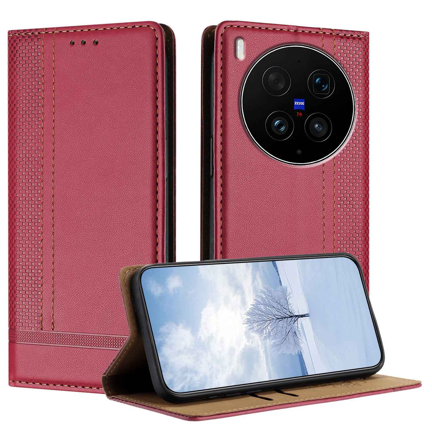 For vivo X300 Ultra 5G Case L-Shaped Grid Pattern Leather Stand Phone Cover with Card Slots - Red