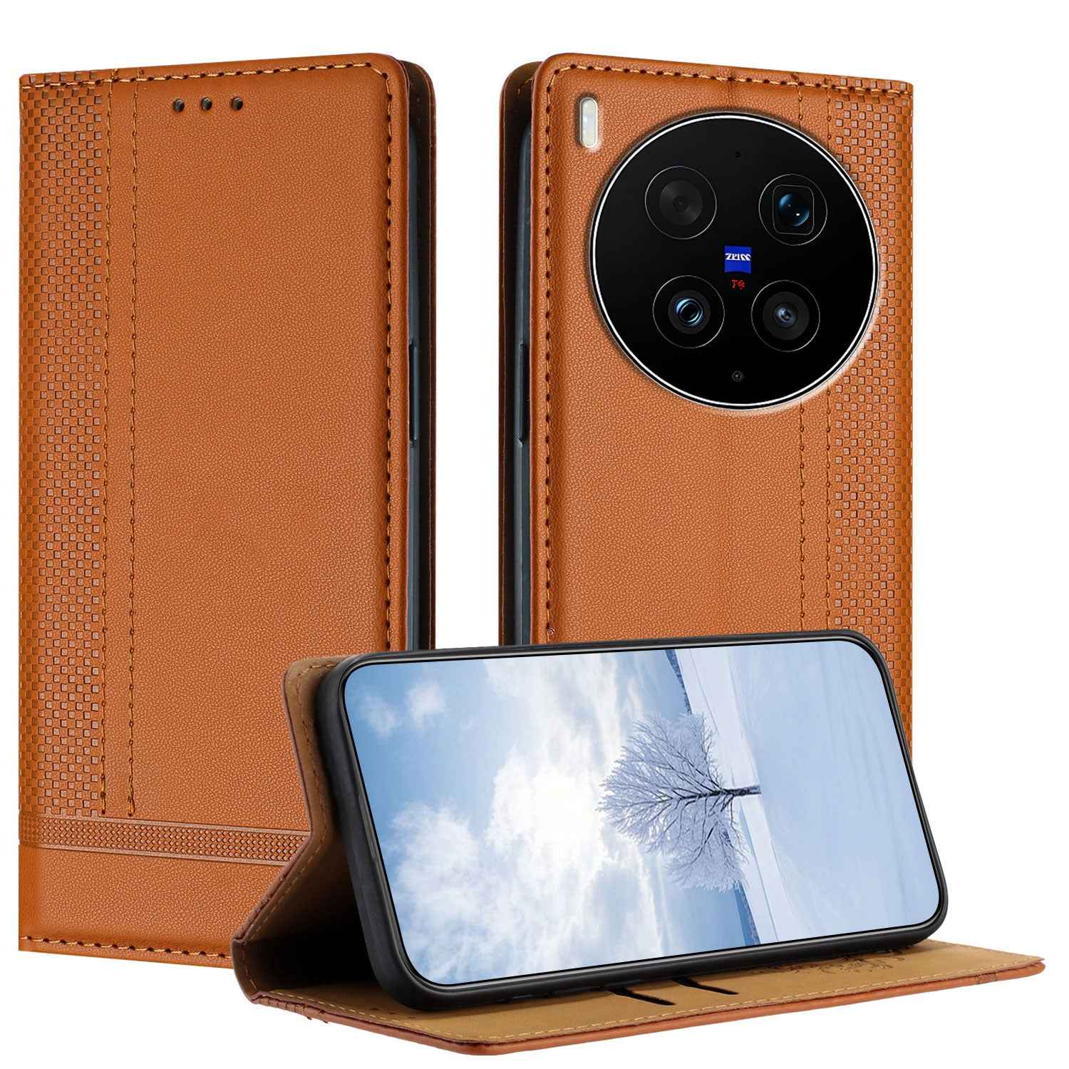 For vivo X300 Ultra 5G Case L-Shaped Grid Pattern Leather Stand Phone Cover with Card Slots - Brown