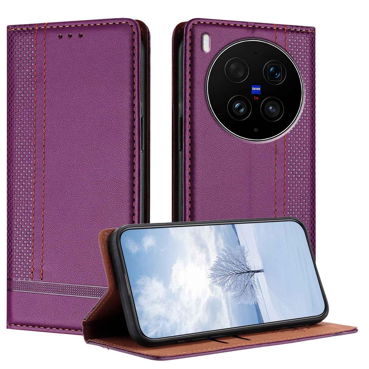 For vivo X300 Ultra 5G Case L-Shaped Grid Pattern Leather Stand Phone Cover with Card Slots - Purple
